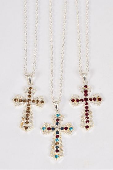 Necklace Cross Rhinestones Multi Smoke Topaz Red Mix / 12 pcs = Dozen  ASST , Cross - 1.75" x 1.25" Wide , 24'' Chain , 4 Multi , 4 Smoke Topaz , 4 Red Asst , Hang Tag & OPP Bag & UPC Code