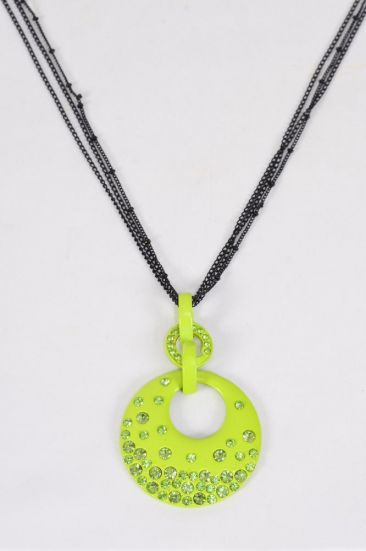 Necklace Thin Black Chain Lime Pendant Rhinestones / PC  Lime , Pendant - 3 x 1.75 inch Wide , Chain - 24 inch Long Extension Chain , Hang tag w OPP Bag