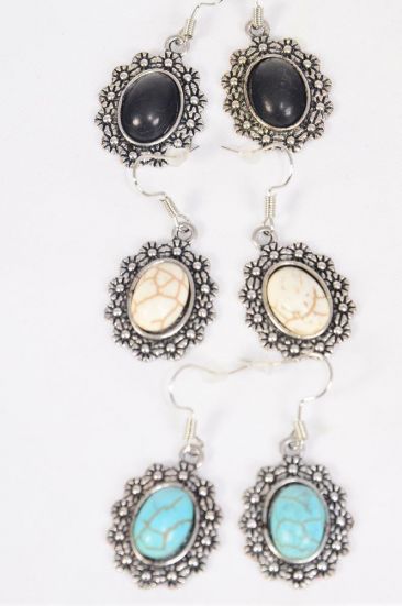 Earrings Metal Antique Oval Dangle Semiprecious Stone / 12 pair = Dozen Fish Hook , Size - 1" x 1" Wide , 4 Black , 4 Ivory , 4 Turquoise Asst , Earring Card & OPP Bag & UPC Code 