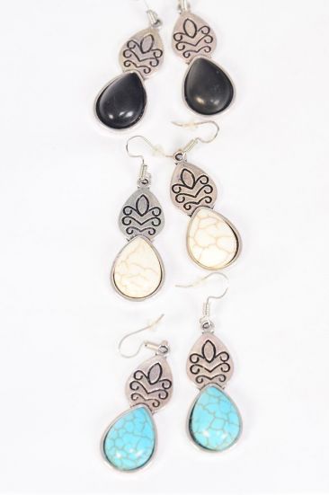 Earrings Metal Antique Aztec Western Look Teardrop Semiprecious Stone / 12 pair = Dozen Fish Hook , Size - 1.25" x 0.75 Wide , 4 Black , 4 Ivory , 4 Turquoise Asst , Earring Card & OPP Bag & UPC Code 