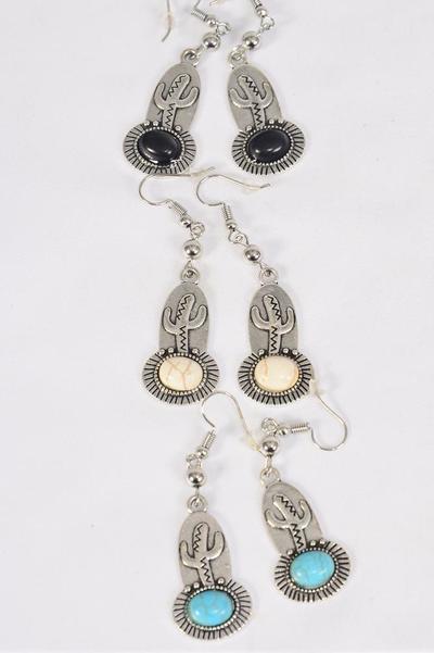 Earrings Metal Antique Cactus Semiprecious Stone / 12 pair = Dozen Match 70315 Fish Hook , Size - 1.25" x 0.75" Wide , 4 Black , 4 Ivory , 4 Turquoise Asst , Earring Card & OPP Bag & UPC Code