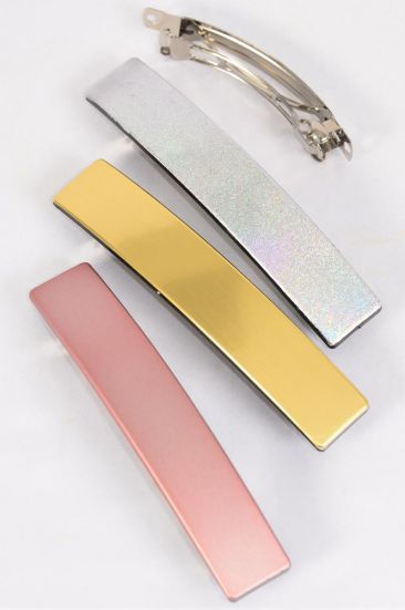 Hair Barrette French Clip Metallic Gold Silver Pink Asst / 12 pcs Bow = Dozen French Clip , Size - 4.5" x 1" Wide , 4 of each Pattern Asst , Hang Card & Individual OPP Bag & UPC Code