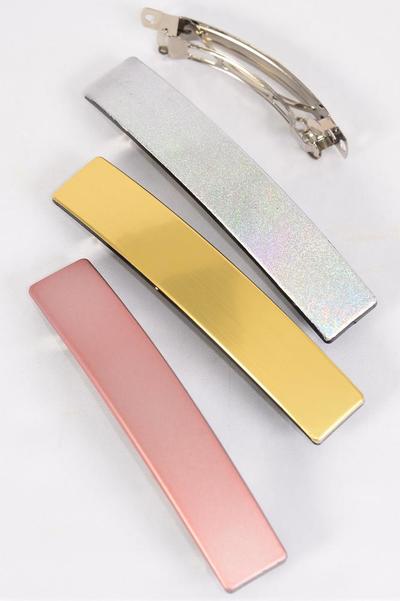 Hair Barrette French Clip Metallic Gold Silver Pink Asst / 12 pcs Bow = Dozen French Clip , Size - 4.5" x 1" Wide , 4 of each Pattern Asst , Hang Card & Individual OPP Bag & UPC Code