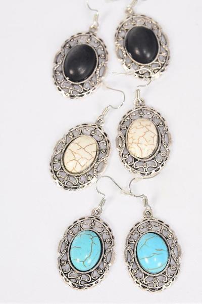 Earrings Metal Antique Oval Semiprecious Stone / 12 pair = Dozen Fish Hook , Size - 1.25" x 1" Wide , 4 Black , 4 Ivory , 4 Turquoise Asst , Earring Card & OPP Bag & UPC Code 