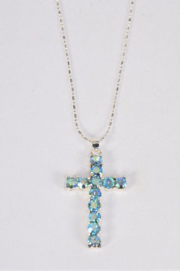Necklace Cross Iridescent Rhinestones Aqua / 12 pcs = Dozen Aqua , Cross - 2" x 1" Wide , Chain 24" Long , Hang Tag & OPP bag & UPC Code