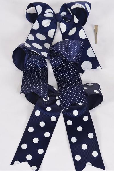 Hair Bow Jumbo Long Tail Polka dots Navy Grosgrain Bow-tie / 12 pcs Bow = Dozen Navy , Alligator Clip , Size - 6.5" x 6" Wide , 4 of each Pattern Asst , Clip Strip & UPC Code