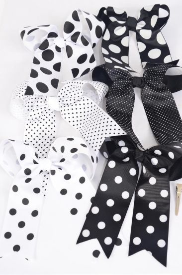Hair Bow Jumbo Long Tail Polka dots Black White Mix Grosgrain Bow-tie / 12 pcs Bow = Dozen Alligator Clip , Size - 6.5" x 6" Wide , 2 of each Pattern Asst , Clip Strip & UPC Code