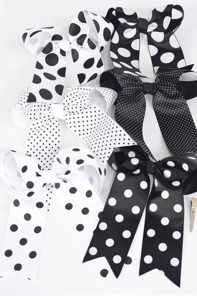 Hair Bow Jumbo Long Tail Polka dots Black & White Mix Grosgrain Bow-tie / 12 pcs Bow = Dozen  Alligator Clip , Size-6.5" x 6" Wide , 2 of each Pattern Asst , Clip Strip & UPC Code