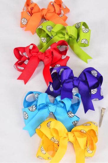 Hair Bow Jumbo Double Layered Volleyball Sport Multi Grosgrain Bow-tie / 12 pcs Bow = Dozen Alligator Clip , Size - 6" x 5" Wide , 2 Of each Pattern Asst , Clip Strip & UPC Code