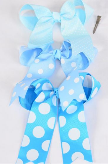 Hair Bow Jumbo Long Tail Polka Dot Blue Mix Grosgrain Bow-tie / 12 pcs Bow = Dozen Alligator Clip , Size - 6.5" x 6" Wide , 4 turquoise , 4 Sky Blue , 4 Baby Blue Pattern Asst , Clip Strip & UPC Code