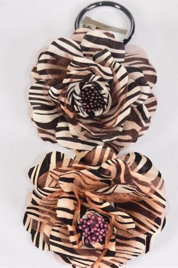 Flower Silk Flower Large Rose Zebra Print Browntone Mix / 12 pcs Flower = Dozen Size - 5.5" Wide , Come W Alligator Clip & Elastic Pony & Brooch , 6 Dark Brown , 6 Light Brown Color Asst , Display Card & UPC Code , Clear Box