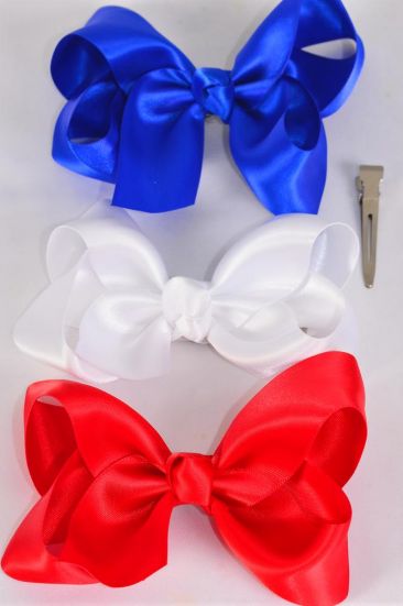 Hair Bow Large Satin 4th of July  Patriotic Red White Royal Blue Mix Satin/DZ **Red White Royal Blue Mix** Alligator Clip, Size-4"x 3" Wide,4 Red,4 White,4 Royal Blue Color Asst,Clip Strip & UPC Code