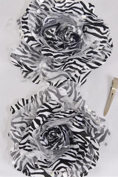 Flower Silk Flower Zebra Print White Alligator Clip w Brooch / 12 pcs Flower = Dozen Flower Size - 4" Wide , Alligator Clip & Brooch , Display Card & UPC Code , W Clear Box