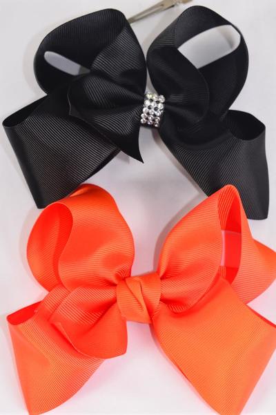 Hair Bow Jumbo Black Orange Mix Grosgrain Bow-tie / 12 pcs Bow = Dozen Alligator Clip , Size-6 x 5" Wide , 6 Of Each Pattern Asst , Clip Strip & UPC Code