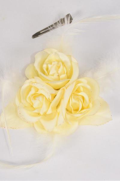 Flower Silk Flower Feather 3 Roses Beige / 12 pcs Flower = Dozen Cream , Size - 5.5" , Alligator Clip & Brooch , Display Card & UPC Code , Clear Box