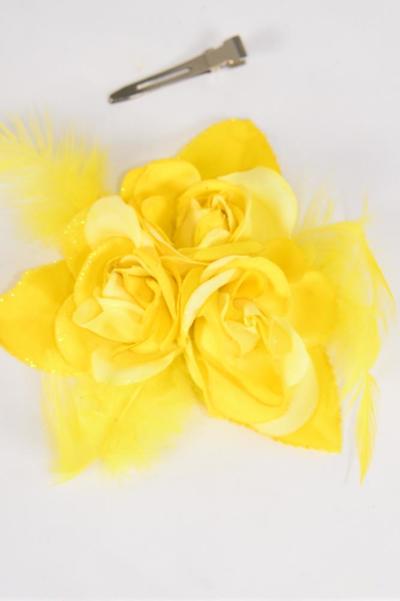 Flower Silk Flower Feather 3 Roses Yellow / 12 pcs Flower = Dozen  Yellow , Size - 5.5" wide , Alligator Clip & Brooch , Display Card & UPC Code , Clear Box