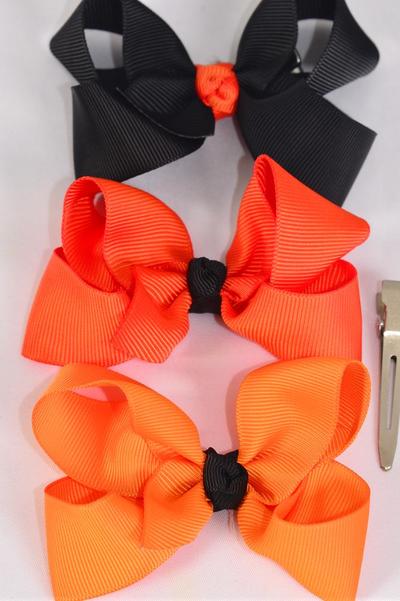 Hair Bow Black Orange Mix Grosgrain Bow-tie / 12 pcs Bow = Dozen Alligator Clip , Bow - 4" x 3" Wide , 4 of each Pattern Asst , Clip Strip & UPC Code