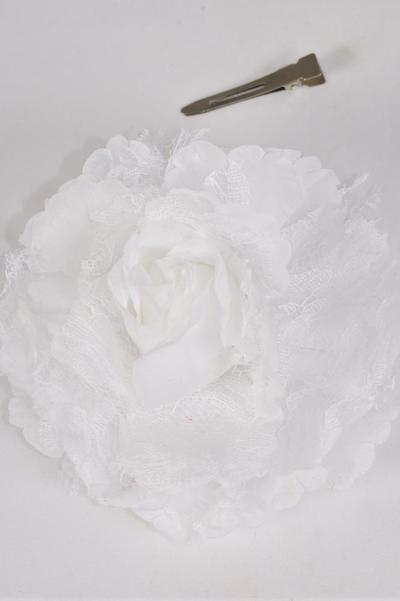Flower Silk Flower Jumbo Rose Satin & Lace Mix Alligator Clip & Brooch White / 12 pcs Flower = Dozen Size-5" Wide , Alligator Clip & Brooch , Display Card & UPC Code , Clear Box