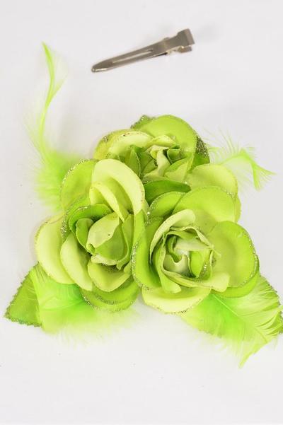 Flower Silk Flower Feather 3 Roses Lime Green / 12 pcs Flower = Dozen Lime , Size - 5.5" Wide , Alligator Clip & Brooch , Display Card & UPC Code , Clear Box
