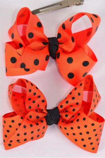 Hair Bow Polka-dots Black Orange Mix Grosgrain Bow-tie/DZ Alligator Clip, Bow-4"x 3" Wide,6 Black & 6 Autumn Orange Mix,Clip & UPC Code