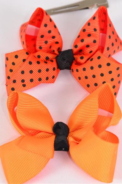Hair Bow Polka dots Grosgrain Bow-tie / 12 pcs Bow = Dozen Alligator Clip , Bow - 4"x 3" Wide , 6 Tangerine , 6 Autumn Orange Pattern Asst , Clip Strip & UPC Code