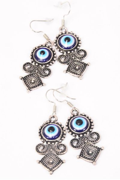 Earrings Metal Antique Blue Venetian Glass Hamsa Evil Eye Good luck And Protection/DZ **Fish Hook** Size-1.5"x 1" Wide,Earring Card & OPP Bag & UPC Code