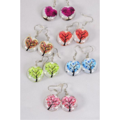 Earrings Tree of Life Heart Double Sided Glass Dome/DZ **Fish Hook** Size-0.75&quot; Wide,2 of each Design Asst,Earring Card &amp; OPP Bag &amp; UPC Code