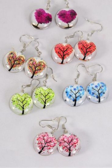 Earrings Tree of Life Heart Double Sided Glass Dome/DZ match 70102 **Fish Hook** Size-0.75" Wide,2 of each Design Asst,Earring Card & OPP Bag & UPC Code