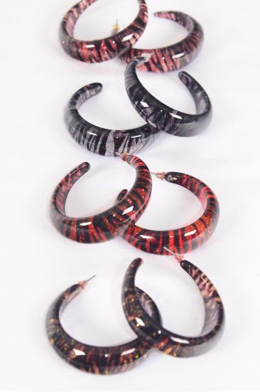 Earrings Poly Hoop Zebra Print / 12 pair = Dozen Zebra , Post , Size - 1.75" Wide , 3 of each Color Asst , Earring Card & OPP bag & UPC Code