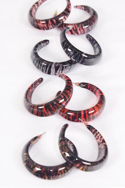 Earrings Poly Hoop Zebra Print / 12 pair = Dozen Zebra , Post , Size - 1.75" Wide , 3 of each Color Asst , Earring Card & OPP bag & UPC Code