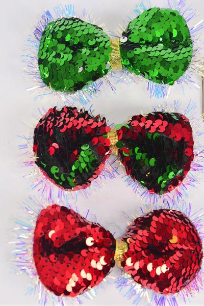Hair Bow Large XMAS Flip Sequin Iridescent Bow-tie Red Green Mix / 12 pcs Bow = Dozen Christmas , Alligator Clip , Size- 6"x 4" Wide , 6 of each Pattern Asst , Clip Strip & UPC Code