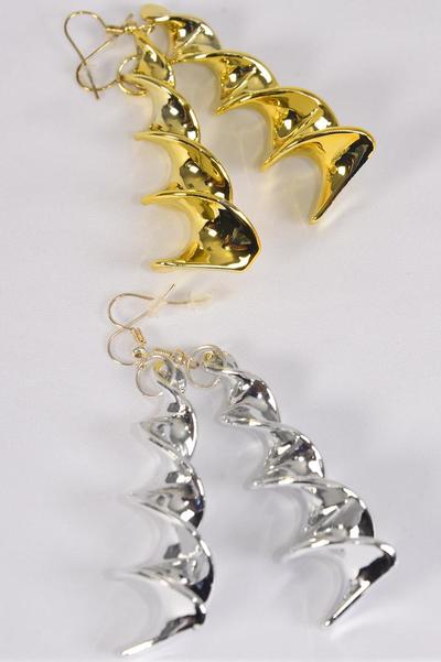 Earrings Spiral Gold Silver Mix / 12 pair = Dozen Size-3" Long , 6 Gold , 6 Silver Mix , Earring Card & OPP bag & UPC Code