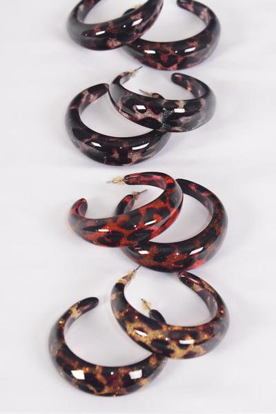 Earrings Poly Loop Leopard Print / 12 pair = Dozen Post , Size - 1.75" Wide , 4 of each Pattern Asst , Earring Card & OPP Bag & UPC Code