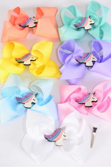 Hair Bow Jumbo Center Glitter Unicorn Charm Grosgrain Bow-tie Pastel / 12 pcs Bow = Dozen Alligator Clip , Size - 6" x 5" , 2 White , 2 Baby Pink , 2 Lavender , 2 Hot Pink , 2 Mint , 1 Blue , 1 Yellow Color Asst , Clip Strip & UPC Code