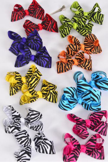 Hair Bow 24 pcs Zebra Grosgrain Bow-tie / 24 pcs = Dozen  Alligator Clip , Size - 3" x 2" , 2 Rd , 2 Blue , 2 Fuchsia , 2 White , 1 Purple , 1 Yellow , 1 Lime , 1 Orange Color Asst , Clip Strip & UPC Code