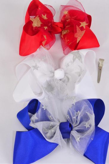 Hair Bow Jumbo Mesh Silver Gold Metallic Star Patriotic Grosgrain Bow-tie / 12 pcs Bow = Dozen Alligator Clip , Size - 6" x 5" Wide , 4 of each Pattern Asst , Clip Strip & UPC Code