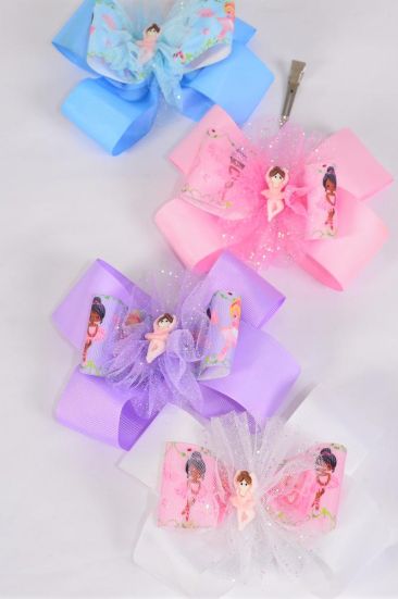 Hair Bow Diversity Ballerina Triple Layered Grosgrain Bow-tie Pastel / 12 pcs Bow = Dozen  Alligator Clip , Size - 6" x 5" Wide , 3 of each Color Asst , Clip Strip & UPC Code