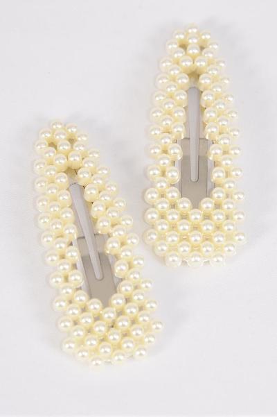  Pearl Hair Clips 24 pcs / 12 pair = Dozen Auto Clip , Size - 3" x 1" Wide , 6 White , 6 Cream Color Asst , Display Card & UPC Code