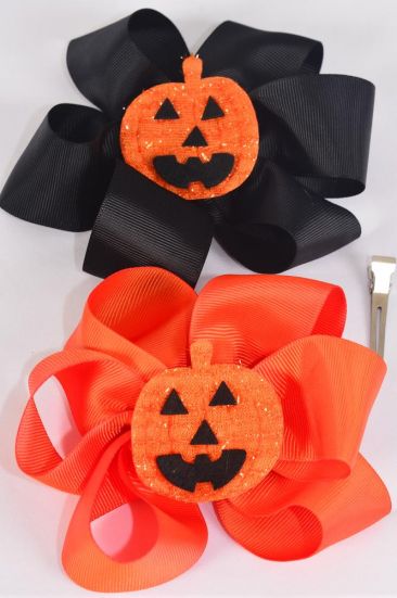 Hair Bow Jumbo Halloween Jack Olantern Pumpkin Grosgrain Bow-tie / 12 pcs Bow = Dozen Alligator Clip , Size - 6" x 5" Wide , 6 of each Color Asst , Clip Strip & UPC Code