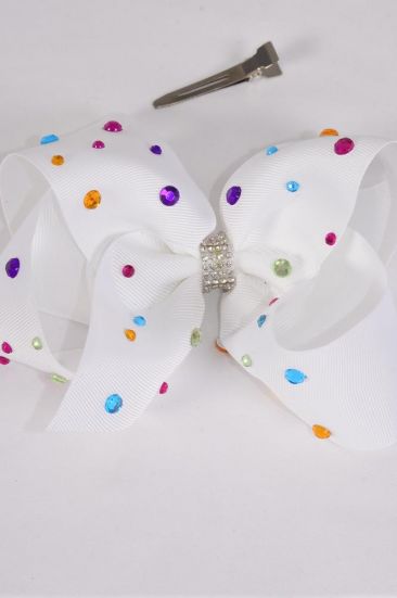 Hair Bow Jumbo Studded Color Stones Grosgrain Bow-tie White / 12 pcs Bow = Dozen White , Alligator Clip , Size - 6" x 5" Wide , Clip Strip & UPC Code