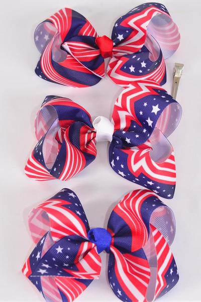 Hair Bow Jumbo Patriotic Celebration Grosgrain Bow-tie / 12 pcs Bow = Dozen  Alligator Clip , Size - 6" x 5" Wide , Clip Strip & UPC Code