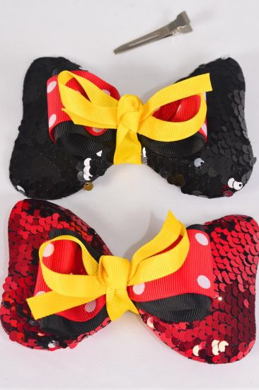 Hair Bow Jumbo Triple Layered Flip Sequin Iridescent  Bow Polka-dots Grosgrain Bow-tie/DZ **Alligator Clip** Size-6"x 5" Wide,6 Black,6 Red Color Asst,Hang Tag & UPC Code