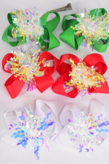Hair Bow 24 pcs XMAS Center Iridescent Grosgrain Bow-tie / 12 pair Bow = Dozen Christmas , Alligator Clip , Size - 4" x 3" Wide , 4 Red , 4 White , 4 Green Mix , Clip Strip & UPC Code,24 pcs per Clip Strip