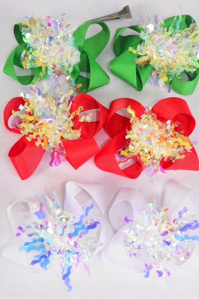 Hair Bow 24 pcs XMAS Center Iridescent Grosgrain Bow-tie / 12 pair Bow = Dozen Christmas , Alligator Clip , Size - 4" x 3" Wide , 4 Red , 4 White , 4 Green Mix , Clip Strip & UPC Code,24 pcs per Clip Strip