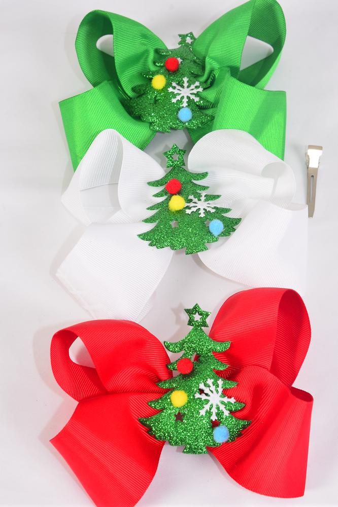 Hair Bow Jumbo Xmas Glitter Christmas Tree Grosgrain Bowtie Red White Green Mix Dz Alligator Clip Size 6 X 6 Wide 4 Of Each Color Asst Clip Strip Upc Code Www Wholesaleimport Com