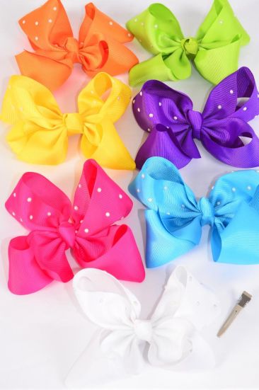 Hair Bow Jumbo Pearl Studded Grosgrain Bow-tie Citrus / 12 pcs bow = Dozen  Alligator Clip , Size - 6" x 5" Wide , 2 White , 2 Fuchsia , 2 Blue , 2 Yellow , 2 Purple , 1 Orange , 1 Lime Color Asst , Clip Strip & UPC Code