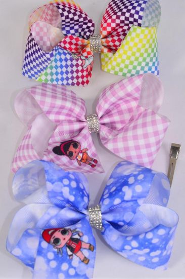 Hair Bow Jumbo Plaid LOL Doll Pattern Asst / 12 pcs Bow = Dozen Alligator Clip , Size - 6" x 5" Wide , 4 of each Pattern Asst , Clip Strip & UPC Code