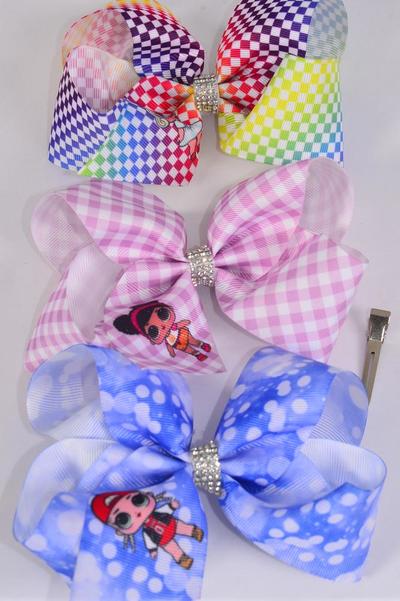 Hair Bow Jumbo Plaid LOL Doll Pattern Asst / 12 pcs Bow = Dozen Alligator Clip , Size - 6" x 5" Wide , 4 of each Pattern Asst , Clip Strip & UPC Code