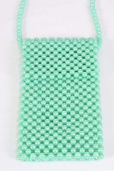 Purse Pearl Bags Women Handbags Ladies Evening Party Shoulder Bag Beaded Messenger Crossbody Bags Phone Purse / PC  Mint Green , Handmade , Size - 7" x 4.25" Wide , OPP Bag & UPC Code