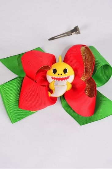Hair Bow Jumbo Cute Happy Shark Grosgrain Bow-tie / 12 pcs Bow = Dozen Alligator Clip , Size - 6" x 5" Wide ,  Clip Strip & UPC Code
